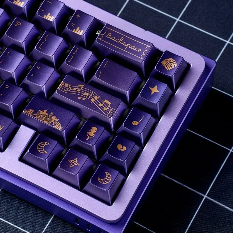 Jazz Rhapsody PC Dye-Sub Keycap Set for mechanical keyboards. Multiple views show purple and cream jazz-themed keys.