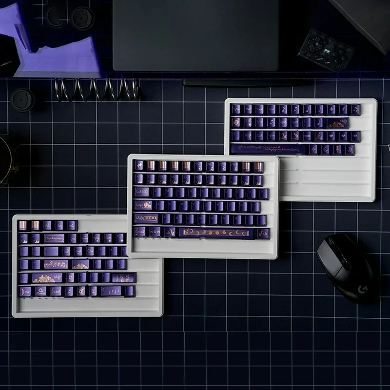 Vibrant Jazz Rhapsody PC Dye-Sub Keycap Set, featuring unique purple and cream keys with musical notes and jazz instrument motifs for mechanical keyboard.