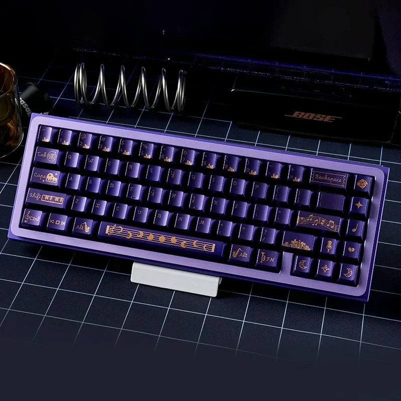 Unique Jazz Rhapsody PC dye-sub keycap set for mechanical keyboards, featuring vibrant purple and cream with artistic musical notes and jazz instrument.