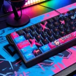Detailed views of the exclusive Jinx graffiti PBT keycaps set, showcasing its vibrant, chaotic League of Legends street art and bold colors.