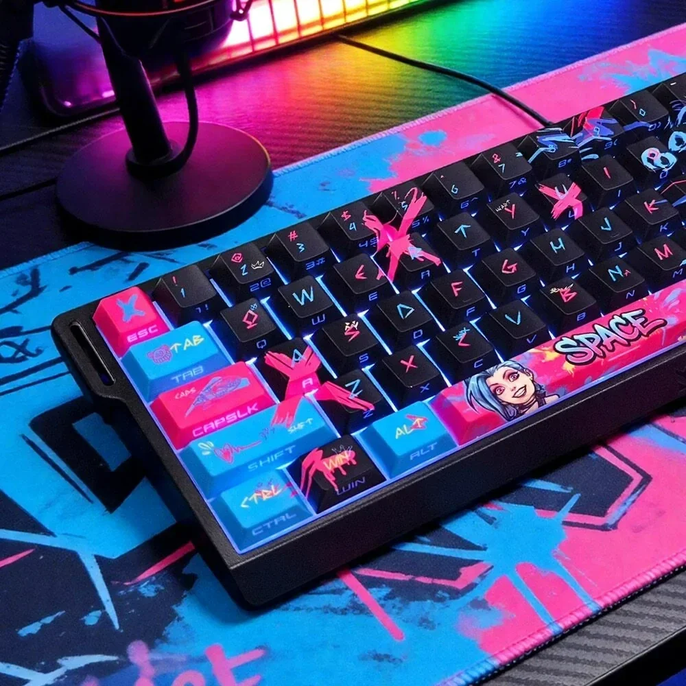 Detailed views of the exclusive Jinx graffiti PBT keycaps set, showcasing its vibrant, chaotic League of Legends street art and bold colors.