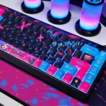 Vibrant, chaotic Jinx graffiti PBT keycaps set from various playful angles, showcasing bold League of Legends street art designs.