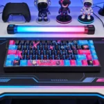 Vibrant Jinx graffiti PBT keycaps set, showcasing chaotic League of Legends street art from various angles. Exclusive, bold to unleash chaos.