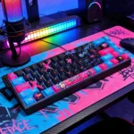A gallery of exclusive Jinx PBT keycaps, shown from various angles, featuring vibrant, chaotic League of Legends graffiti and bold street-art colors.
