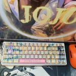 Iconic JoJo PBT side-lit keycaps set. Vibrant anime art and bold characters are showcased from multiple angles, highlighting the side-lit design.