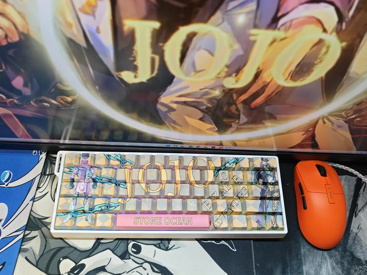 Iconic JoJo PBT side-lit keycaps set. Vibrant anime art and bold characters are showcased from multiple angles, highlighting the side-lit design.