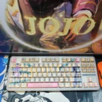 A vibrant product gallery view of the iconic JoJo's Bizarre Adventure PBT side-lit keycaps set, artistically showcasing various angles of the bold characters design.