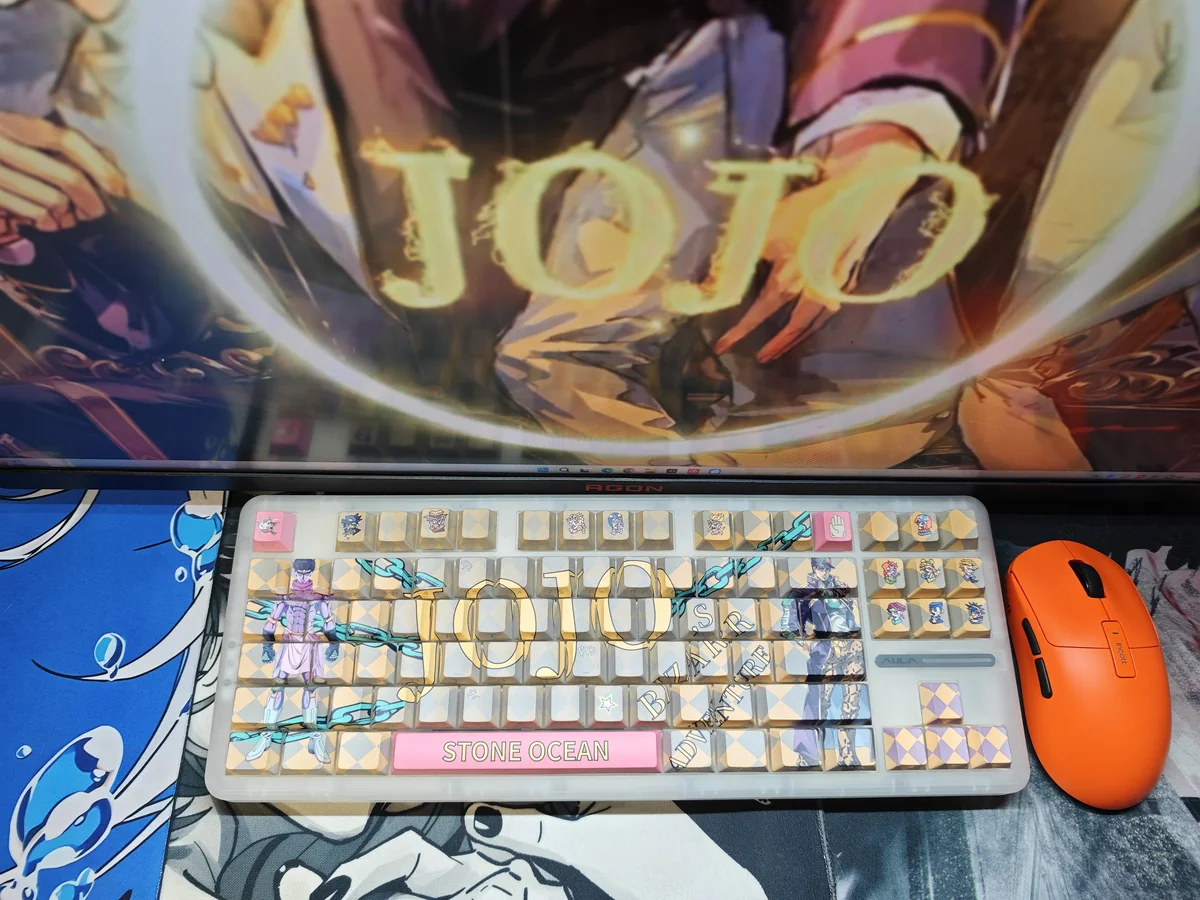 A vibrant product gallery view of the iconic JoJo's Bizarre Adventure PBT side-lit keycaps set, artistically showcasing various angles of the bold characters design.