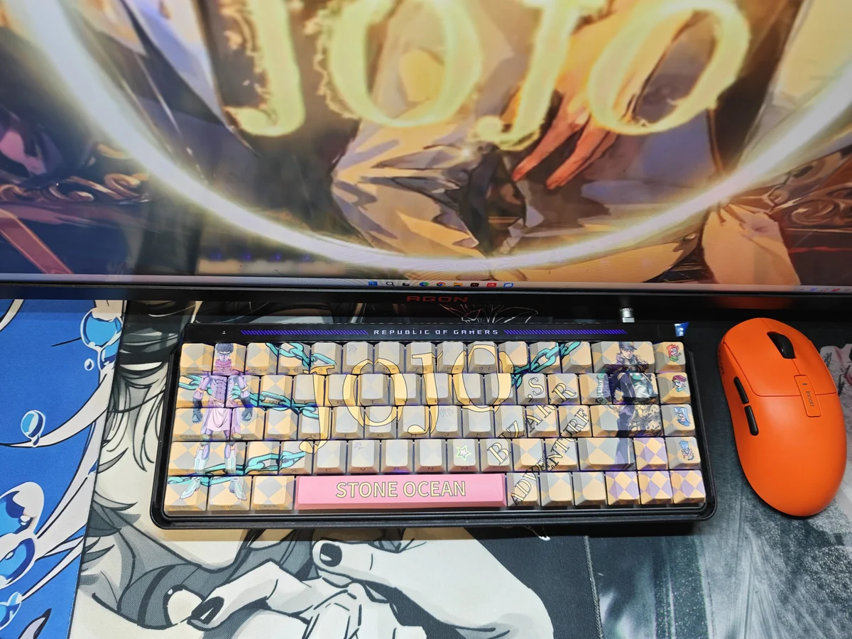 Vibrant JoJo's Bizarre Adventure PBT side-lit keycaps set, showcasing iconic characters and bold colors from multiple angles. See the unique illumination design.
