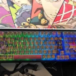 Vibrant collection of Iconic JoJo's Bizarre Adventure PBT side-lit keycaps set, showcased from multiple angles, highlighting bold anime art and unique design.