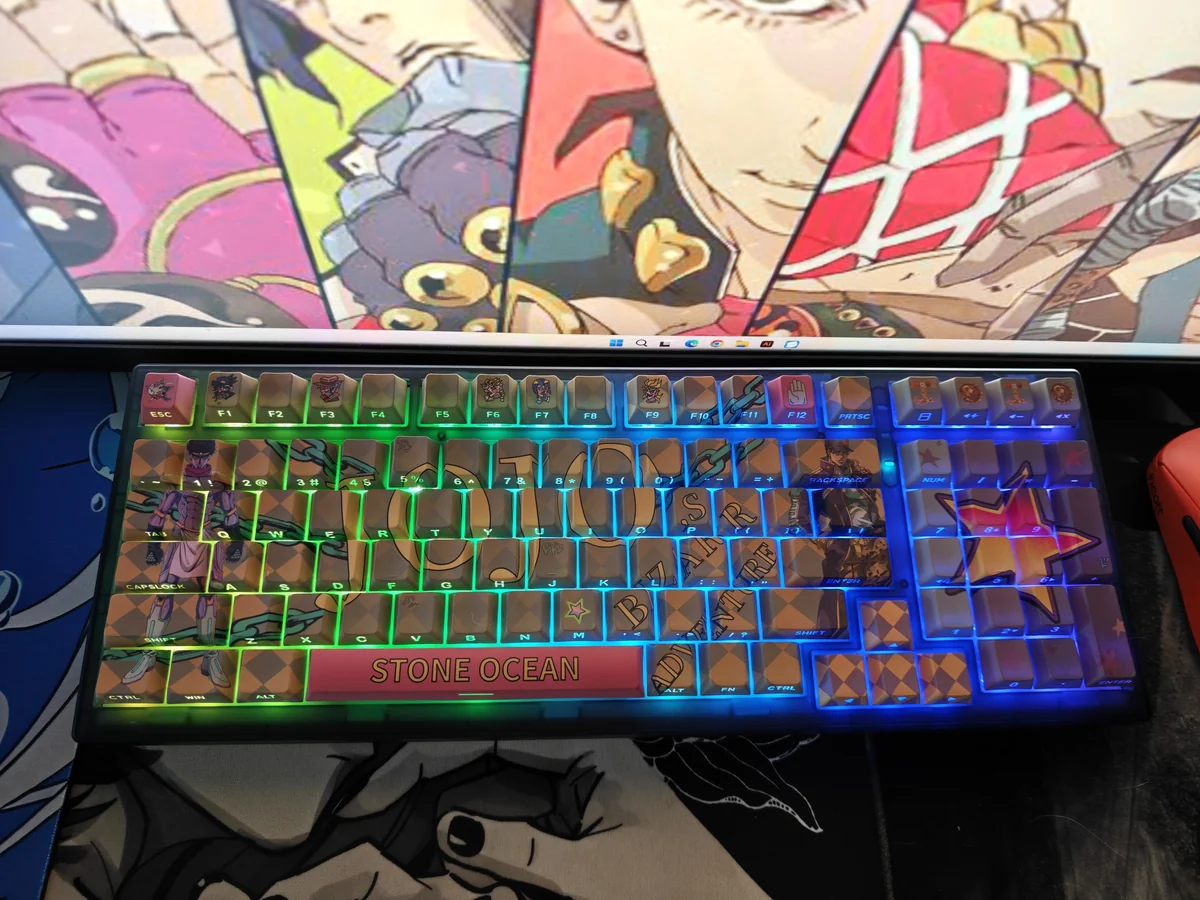 Vibrant collection of Iconic JoJo's Bizarre Adventure PBT side-lit keycaps set, showcased from multiple angles, highlighting bold anime art and unique design.