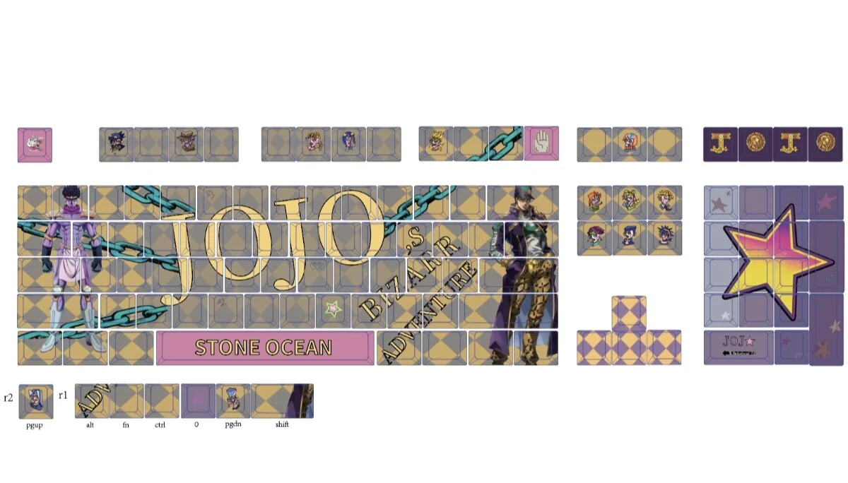Artistic gallery: iconic JoJo PBT side-lit keycaps set. Vibrant characters, bold colors, unique side-lit design. View from various angles. Essential JoJo design.