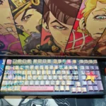 Vibrant JoJo's Bizarre Adventure PBT side-lit keycap set featuring iconic anime characters in bold colors, perfect for custom keyboards.