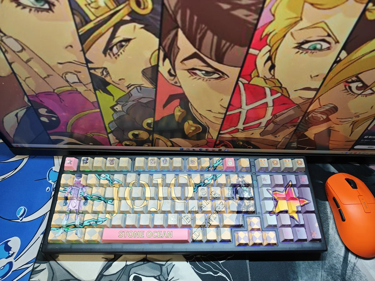 Vibrant JoJo's Bizarre Adventure PBT side-lit keycap set featuring iconic anime characters in bold colors, perfect for custom keyboards.