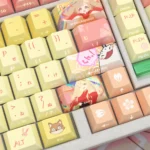 Kaguya Celestial Anime translucent PBT keycaps set, side-printed with ethereal cosmic designs, viewed from various angles to highlight their glowing aesthetics.