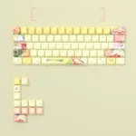 Close-up of Kaguya Celestial Anime translucent PBT keycaps set, highlighting their ethereal side-printed legends and cosmic glow from a dynamic angle.