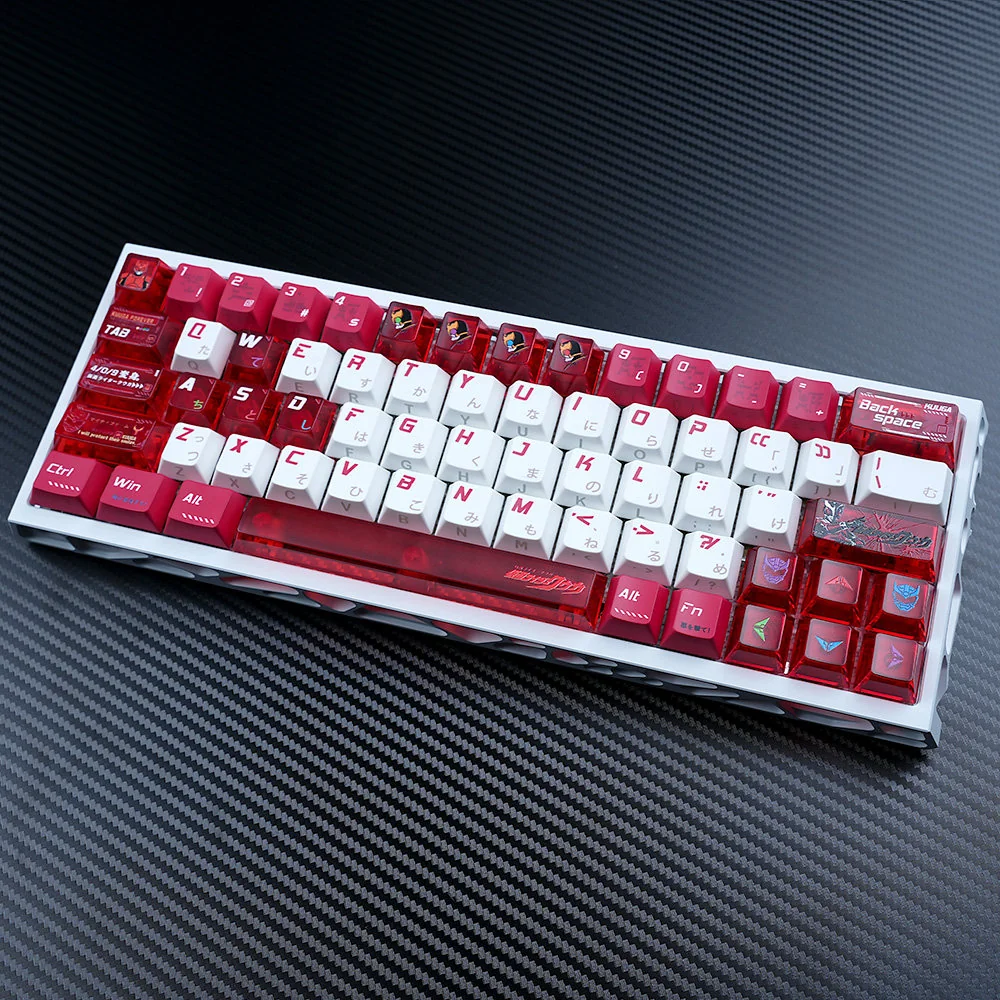 Premium Kamen Rider Kuuga PBT keycaps, Heroic Legacy Set, displayed from a unique angle. With iconic Kuuga armor symboliz design