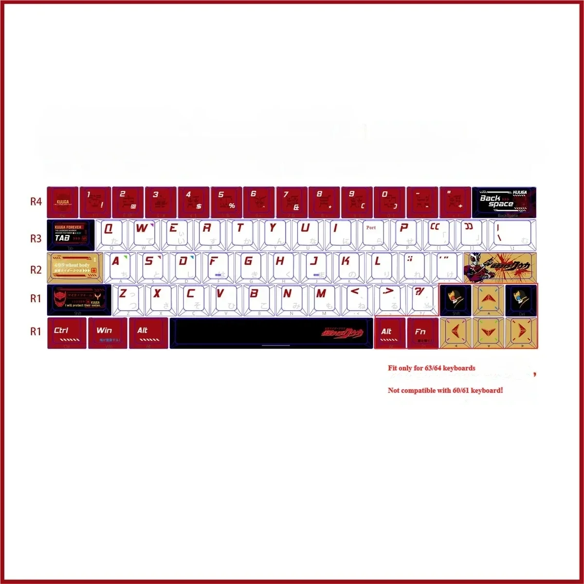 Exclusive Kamen Rider Kuuga PBT Keycaps set 64-key variant, featuring heroic armor designs, a premium legacy set for 63-64 layout.