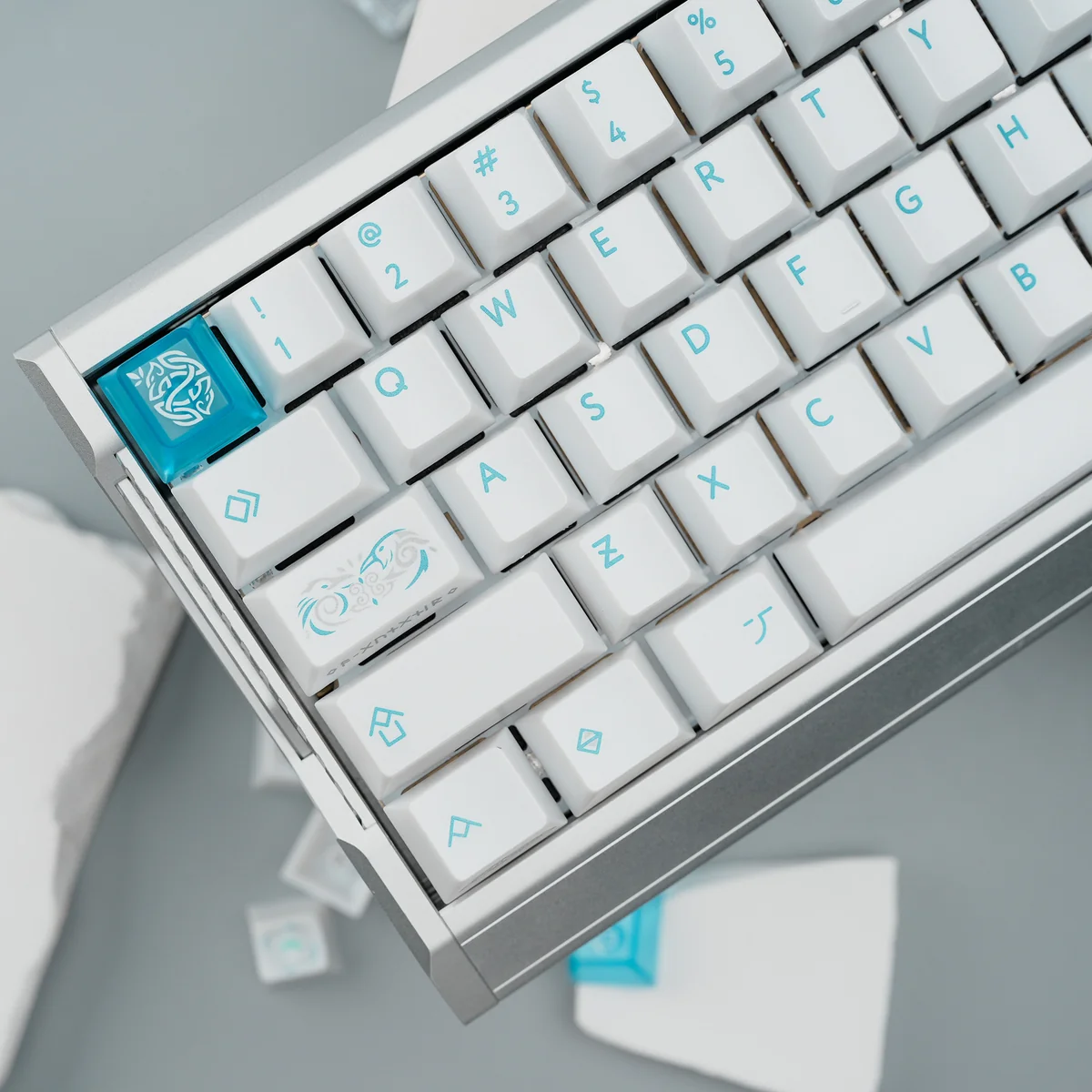 Eternal Spear R3 Keycaps Set. Multiple angles show their pristine, mirror-polished, jade-like finish, offering a luxurious, premium Cherry profile setup.