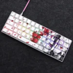 Artistic view of mystical Kitsune PBT keycaps, showcasing vibrant gradient fox mask, striking red eyes, and unique side-lit effect from various.