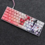 Artistic close-up of a side-lit Mystical Kitsune PBT keycap, revealing the Japanese fox mask design with vibrant pink gradient and striking red eyes.