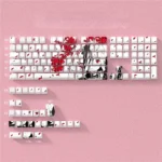 Mystical Kitsune Keycaps side-lit PBT set, showcasing the vibrant gradient pink Japanese fox mask design and striking red eyes from various artistic.