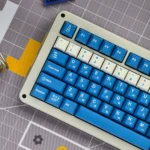 Close-up of a unique Soju Korean PBT keycap set, highlighting vibrant designs with intricate Korean legends, enhancing a nostalgic desk.