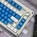 Close-up of vibrant Korean Soju PBT keycaps set, showcasing the intricate Korean legends and unique bottle-inspired design, perfect for beverage fans.