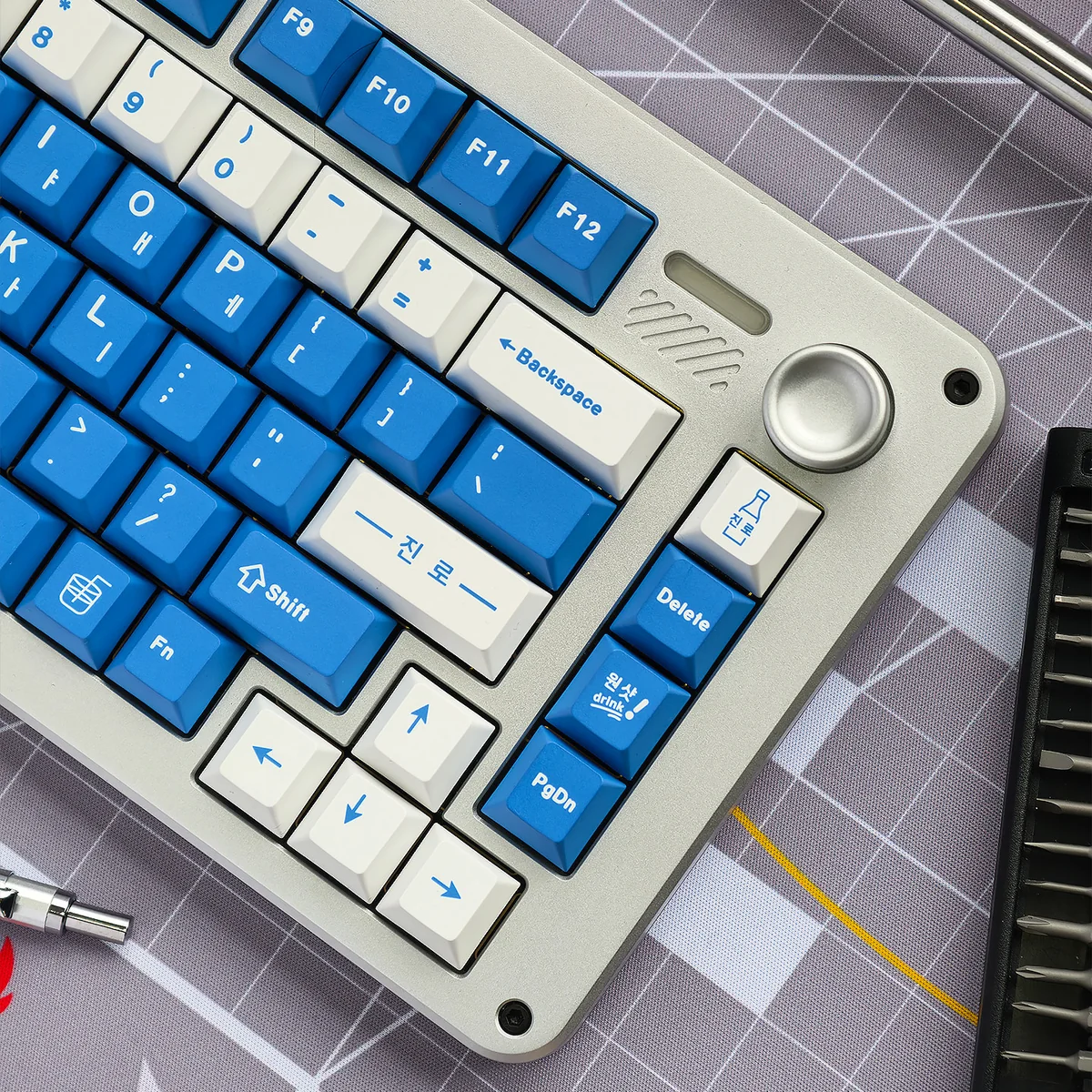 Close-up of vibrant Korean Soju PBT keycaps set, showcasing the intricate Korean legends and unique bottle-inspired design, perfect for beverage fans.