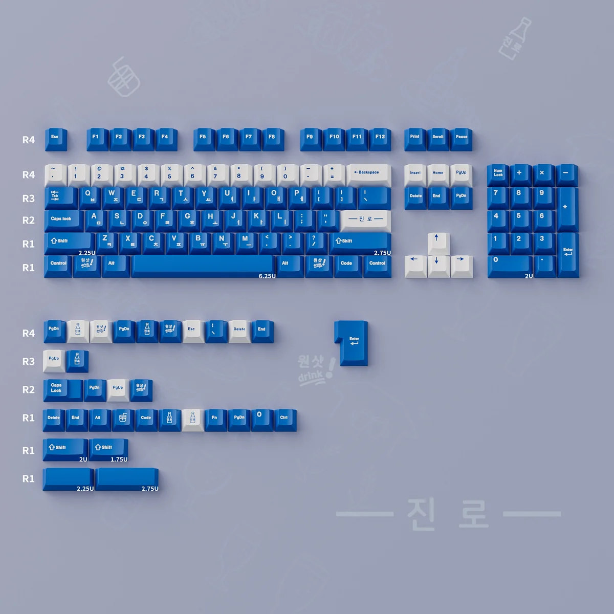 Vibrant Soju Korean PBT keycaps set featuring authentic Korean legends for a unique, nostalgic desk aesthetic.