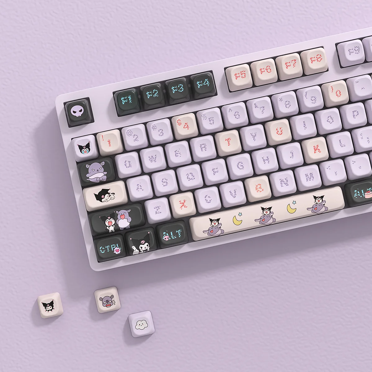 Mischievous Kuromi PBT keycap set, showing vibrant premium Kuromi character keycaps for custom mechanical keyboards.