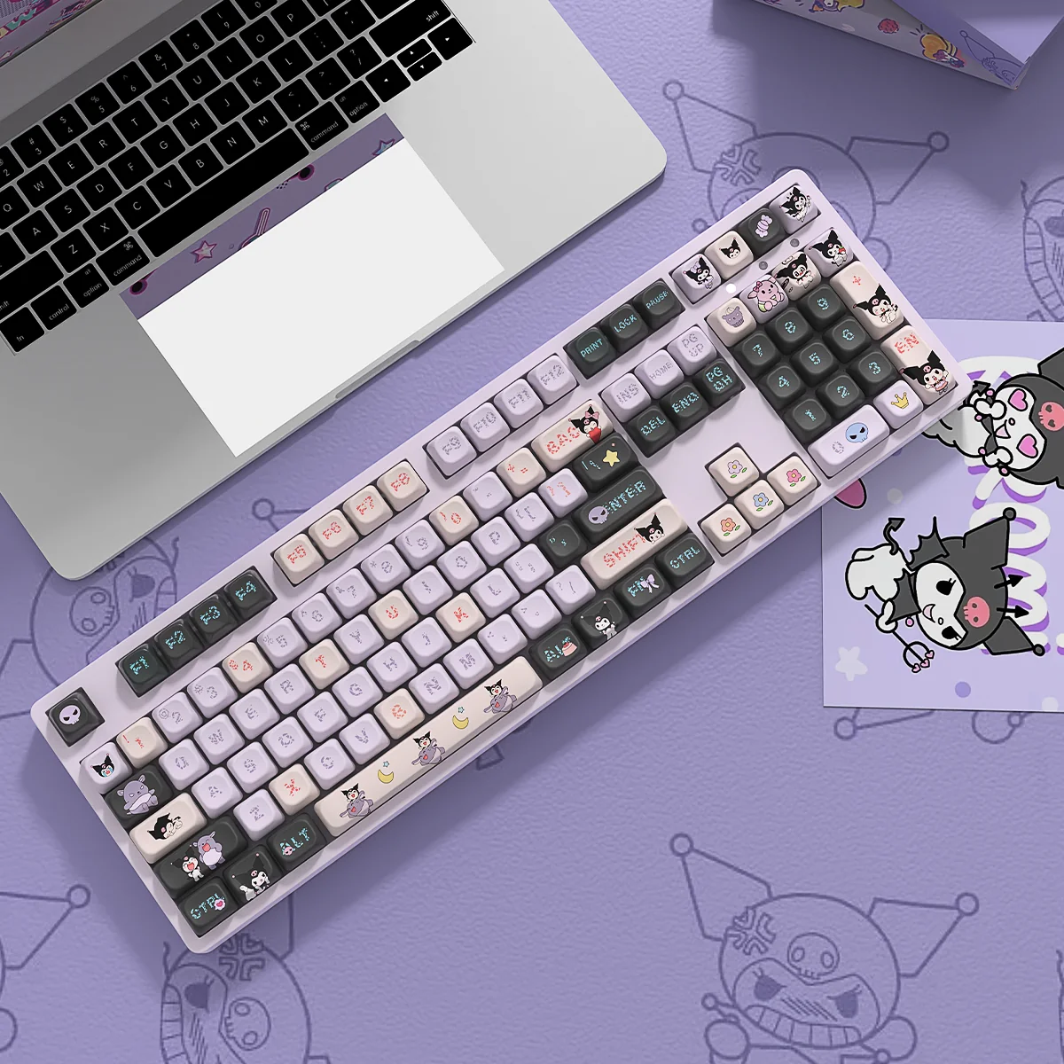 Mischievous Kuromi PBT keycaps set for custom keyboards, shown from a playful angle. Vibrant character designs highlight this premium set.