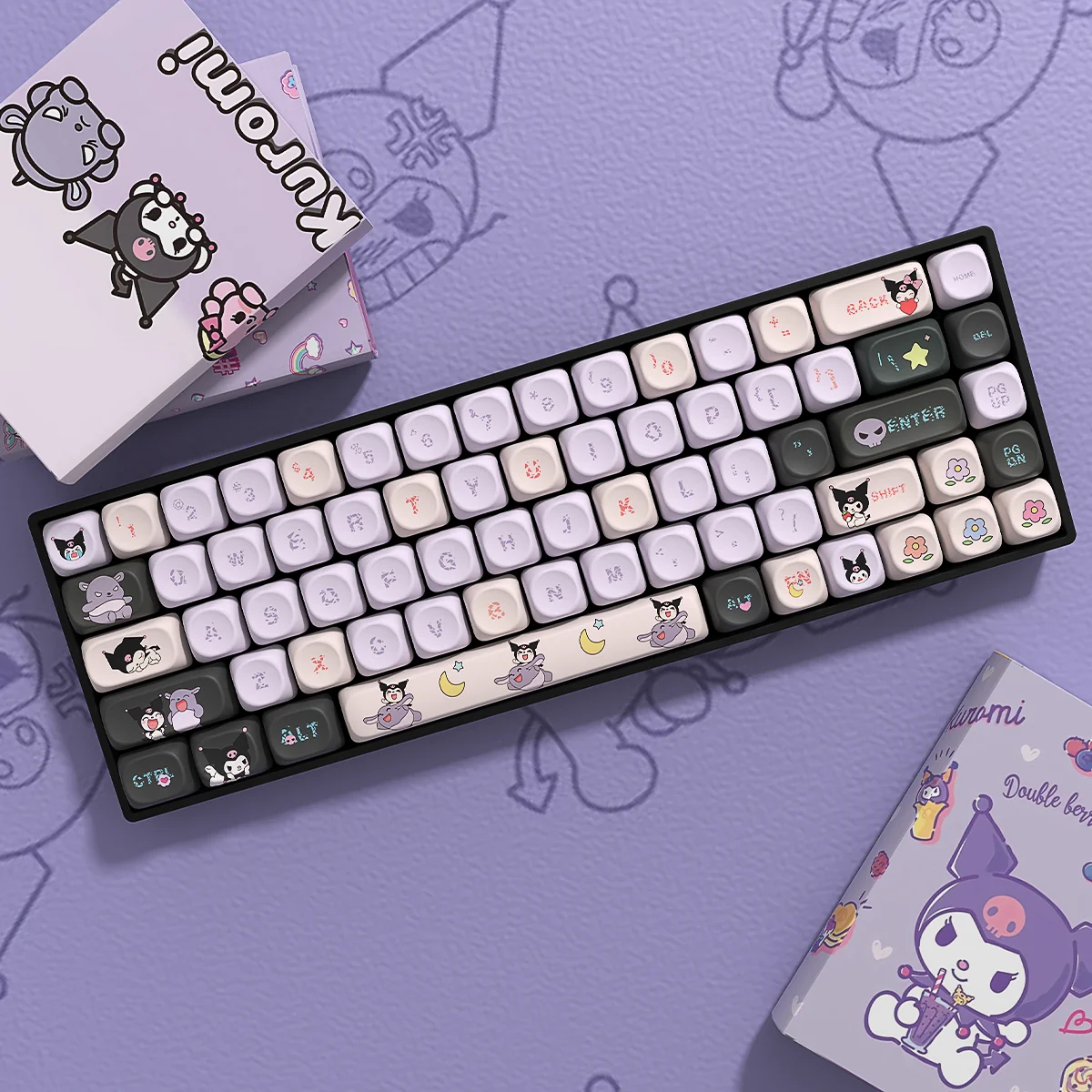 Playful mischievous Kuromi PBT keycaps set from multiple angles, showcasing the premium set for custom mechanical keyboards.