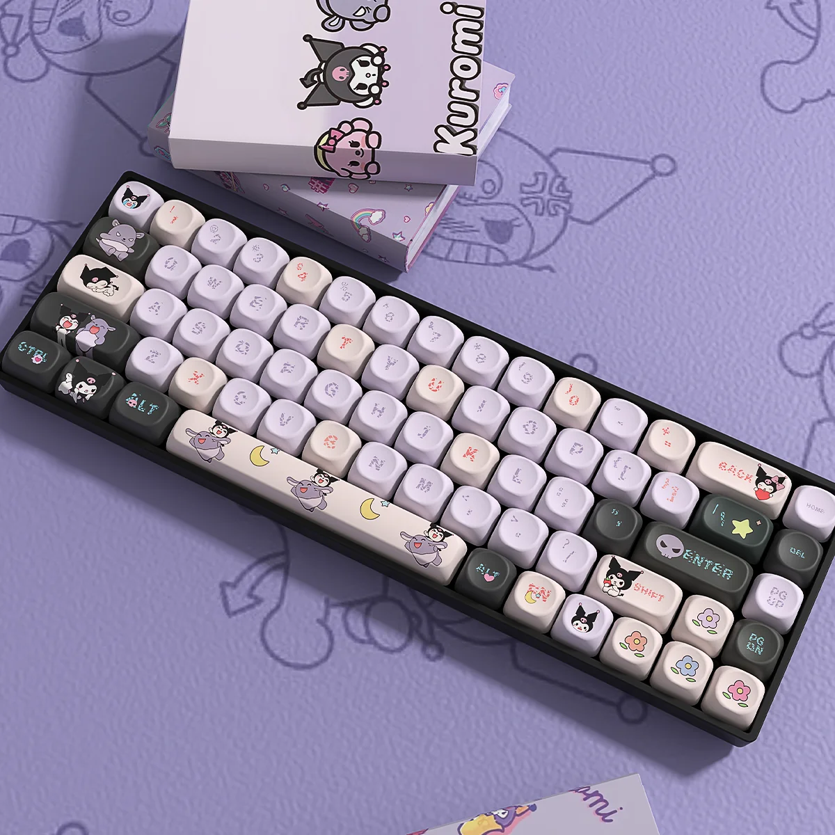 Playful Kuromi PBT keycap set for custom keyboards, featuring detailed mischievous character designs in vibrant from multiple angles.