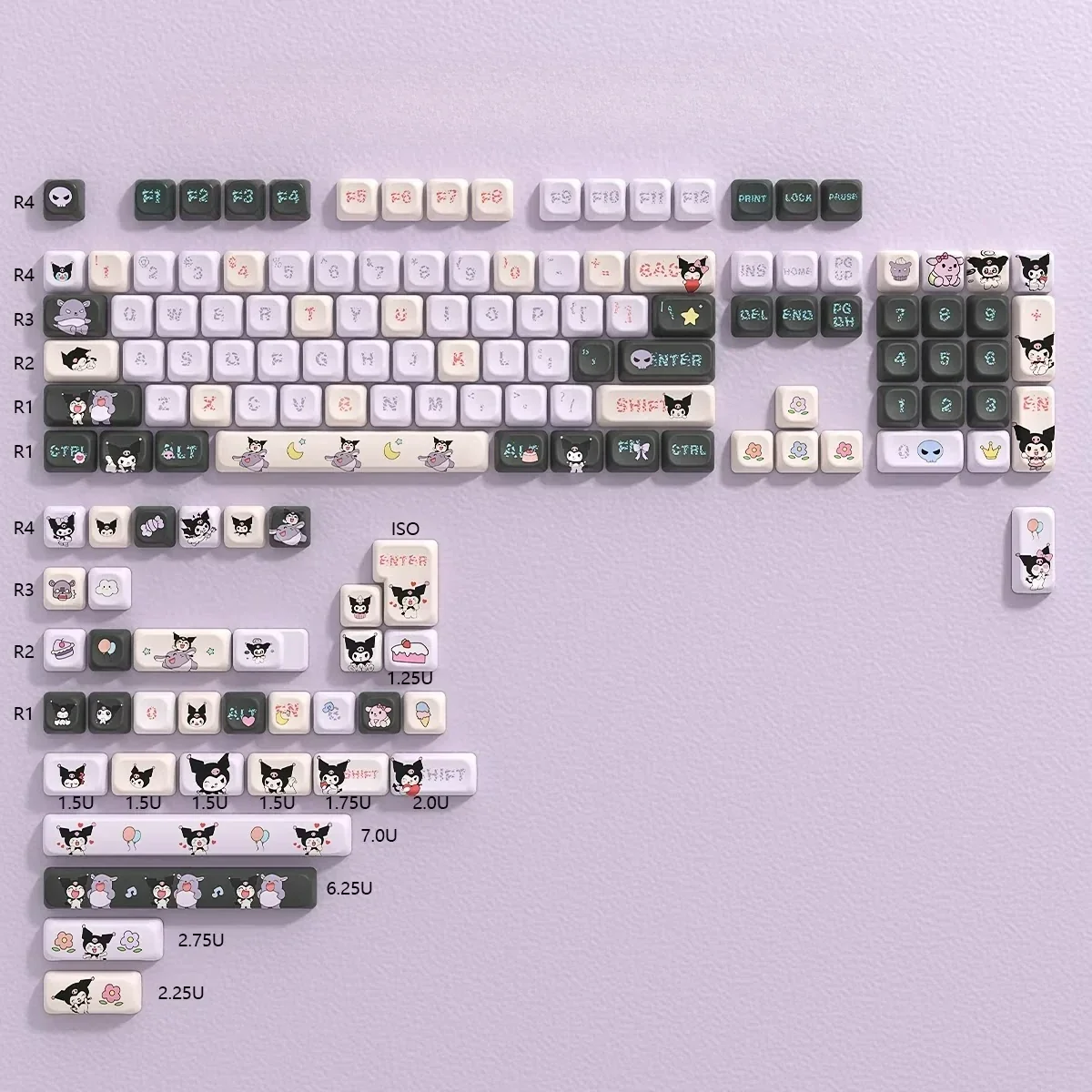 Mischievous Kuromi PBT keycap set (KOA 140 keys) in vibrant design, showcasing playful Kuromi characters for custom mechanical keyboards.