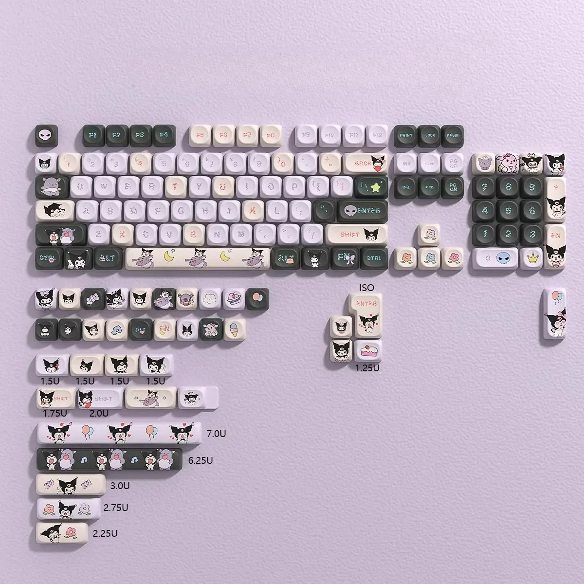 A playful Mischievous Kuromi PBT keycap set for custom keyboards, featuring vibrant characters on 141 MOC keys, perfect for a fun setup.