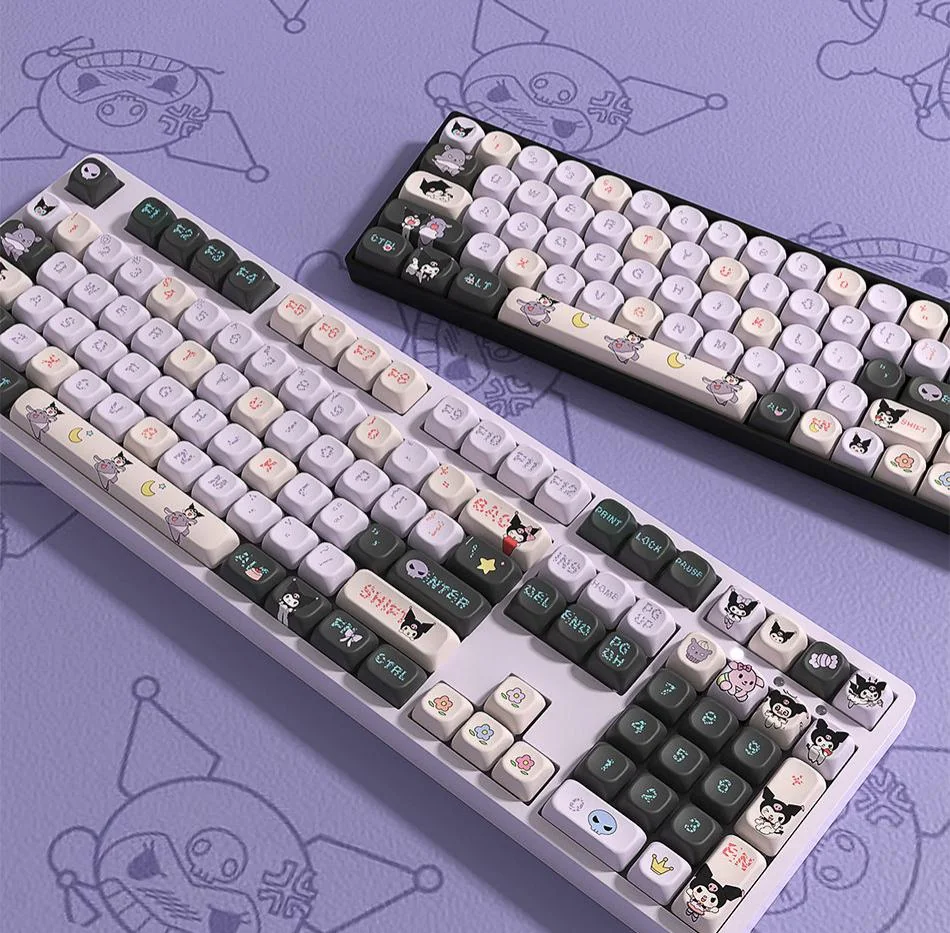 Mischievous Kuromi PBT keycaps set in vibrant design, showcasing the premium character design for custom keyboards, a playful aesthetic.