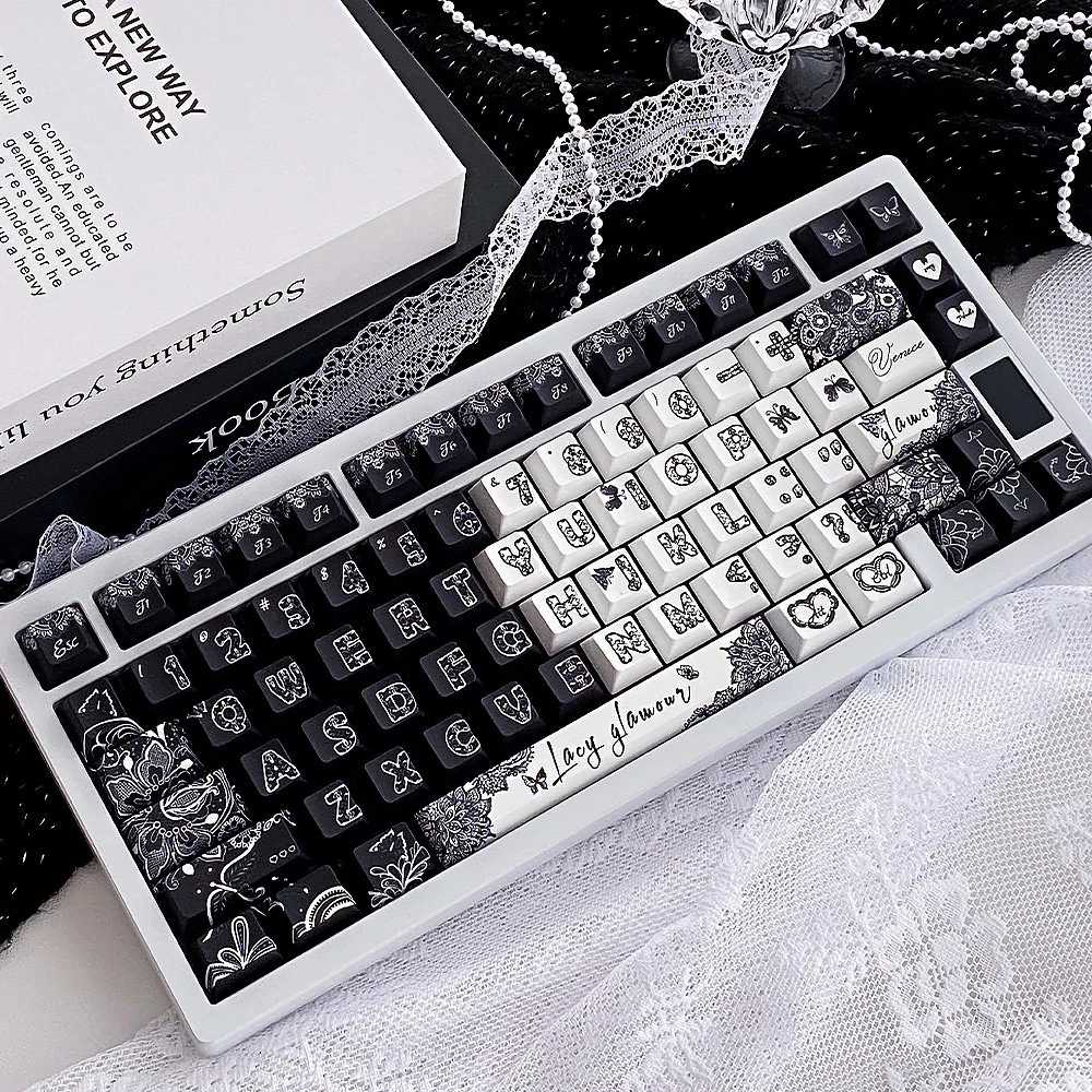Close-up of the exquisite lace-themed PBT dye-sub keycap set, showcasing intricate patterns and delicate details for a vintage elegant keyboard.