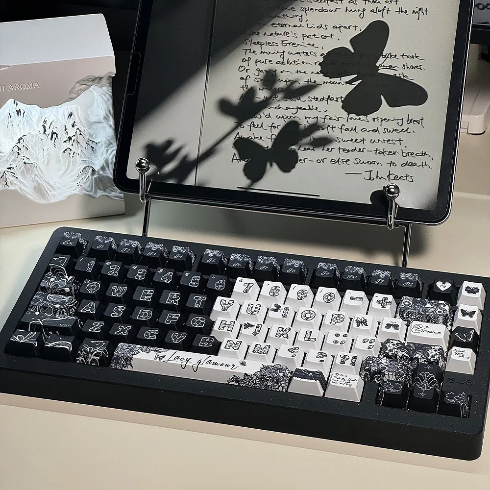 Exquisite lace-themed PBT dye-sub keycap set displayed from multiple angles, revealing intricate, delicate patterns and vintage elegance.