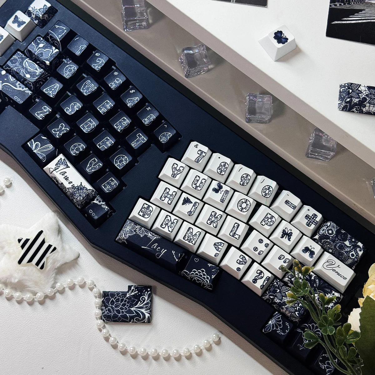 Exquisite Lace PBT Dye-Sub Keycap Set, close-up on intricate patterns. Delicate lace design conveys vintage elegance and refined sophistication.