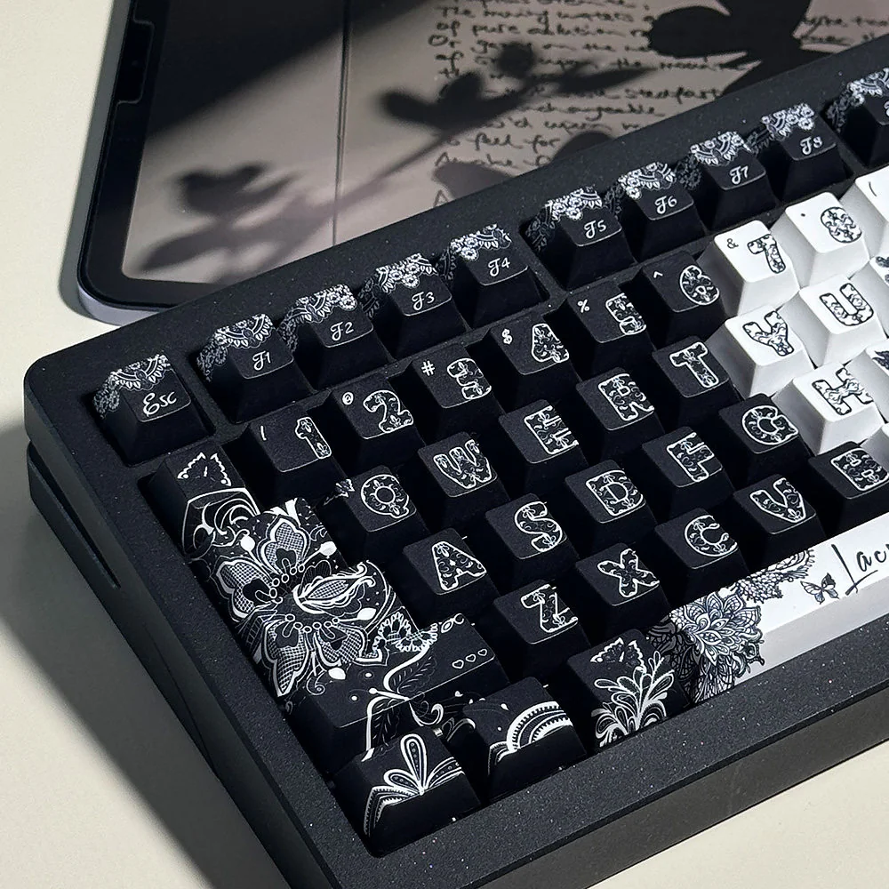 Close-up of the exquisite lace PBT dye-sub keycap set, highlighting intricate, delicate patterns and premium texture.