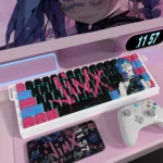 Vibrant, chaotic Jinx LoL PBT Dye-Sub keycaps set, shown from various angles, featuring iconic art and bold, rebellious colors.