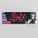 Iconic Jinx LoL PBT dye-sub keycaps set, vibrantly showcasing chaotic art and bold colors from a playful angle, for gamers.