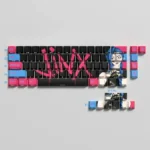 Dynamic view of Jinx's iconic League of Legends PBT dye-sub keycaps set, showcasing vibrant, chaotic character art and rebellious, explosive colors.