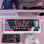 Iconic League of Legends Jinx PBT Dye-Sub keycaps set display vibrant, chaotic Jinx art with bold, explosive colors, embodying her rebellious charm.