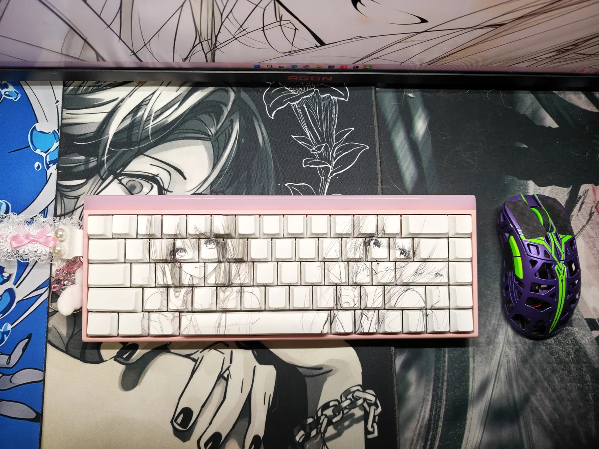 Main image of unique Line Art Keycaps Set, a TKL set showcasing side-engraved shine-through minimalist designs with a subtle artistic glow.