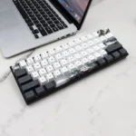 Detailed view of Serene Lotus PBT dye-sub keycaps set. Tranquil PBT with elegant lotus flower designs, showcasing artistic quality from a distinctive look.