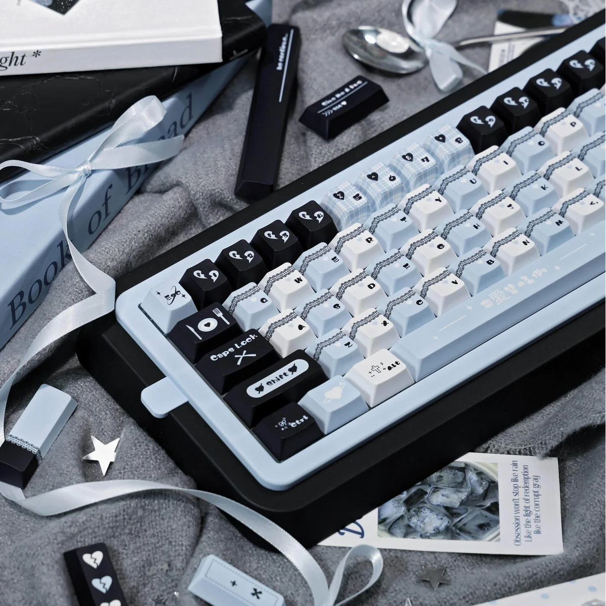 Explore the vibrant Love Prohibition Keycaps set in this gallery, featuring iconic designs, durable PBT, and ergonomics profile from multiple playful angle.