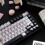 Playful Love Prohibition blue-black 148-key PBT Cherry keycap set, featuring vibrant art design for your keyboard.