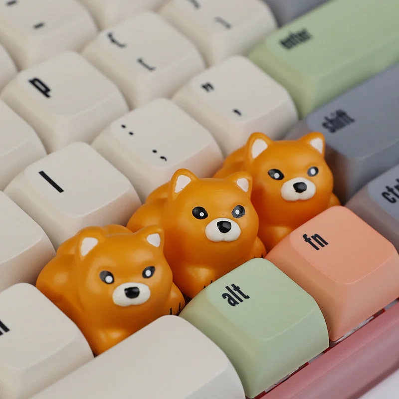 Adorable 3D Shiba Inu resin artisan keycap presented from a charming, playful angle, highlighting its vibrant handcrafted details and expressive design.